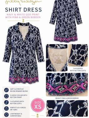 Lilly Pulitzer Navy & White Geo-Print Shirt Dress with Pink and Teal Hem